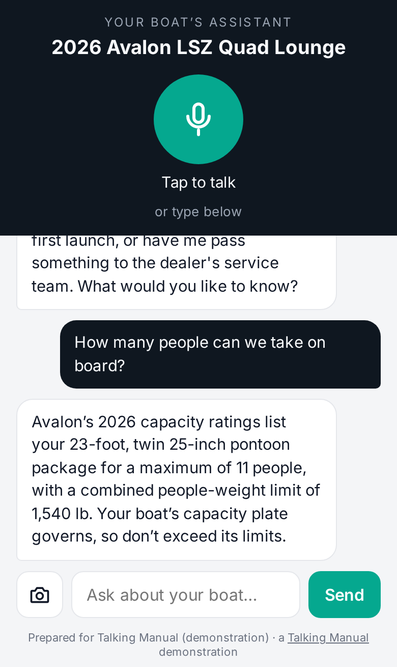 The Talking Manual assistant for an Avalon LSZ pontoon on a phone, answering how many people it can carry
