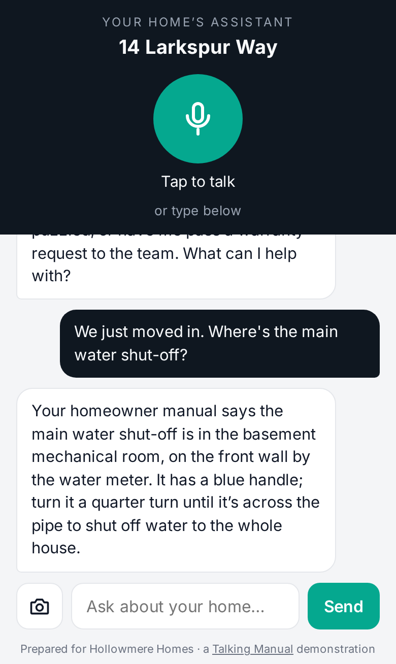 The Talking Manual home assistant for 14 Larkspur Way on a phone, answering where the main water shut-off is