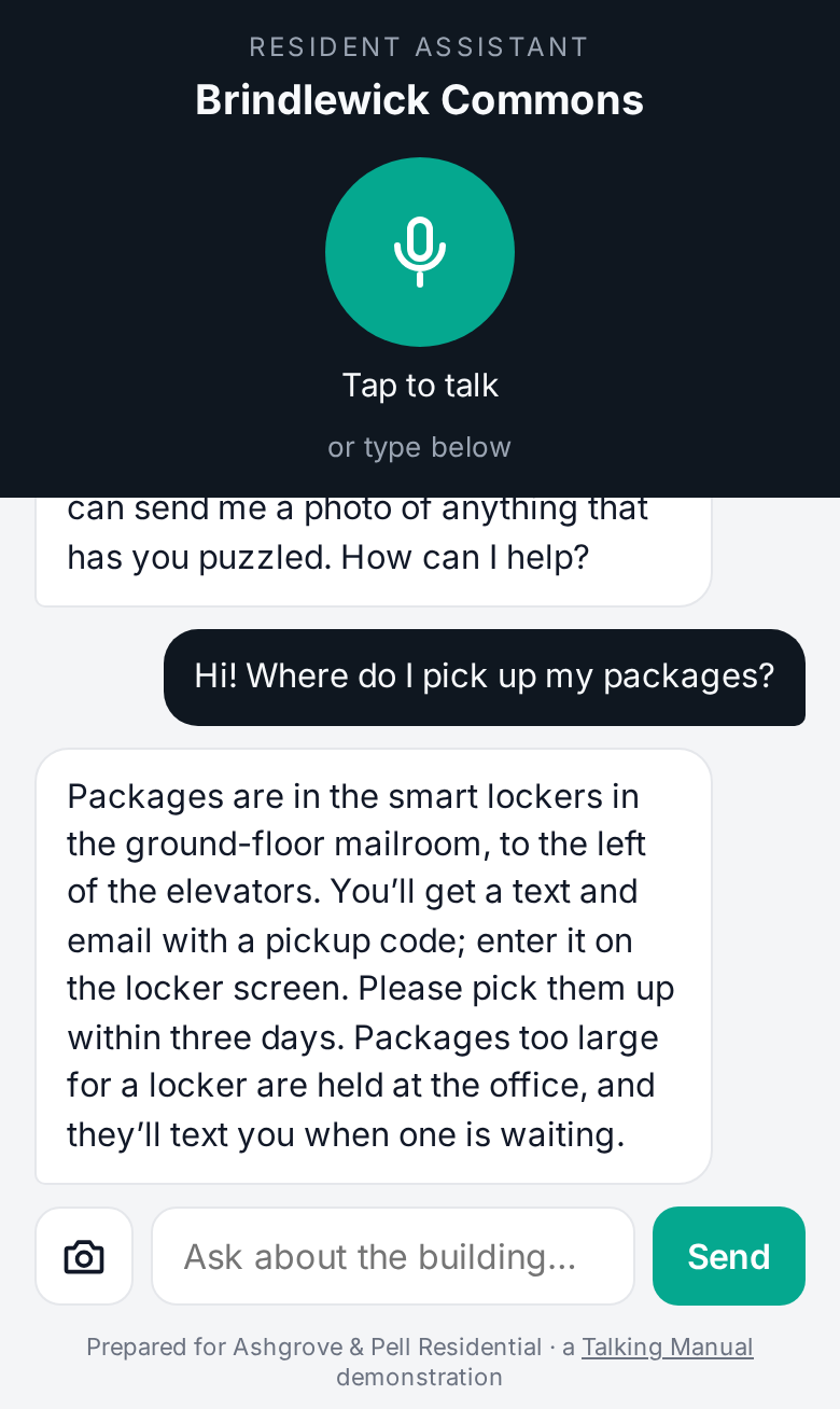 The Talking Manual resident assistant for an apartment community on a phone, answering where packages go