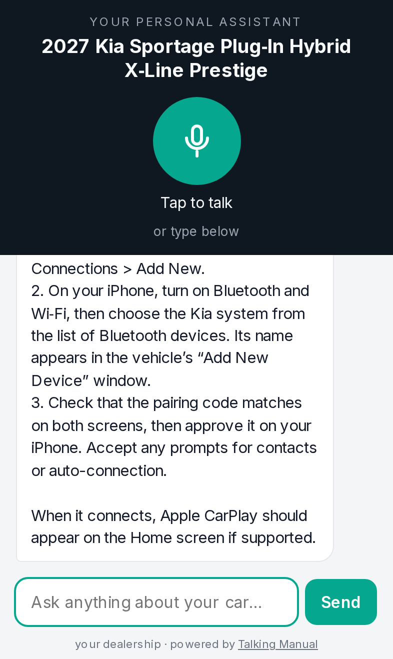 The Talking Manual assistant for a Kia Sportage on a phone, answering how to pair an iPhone