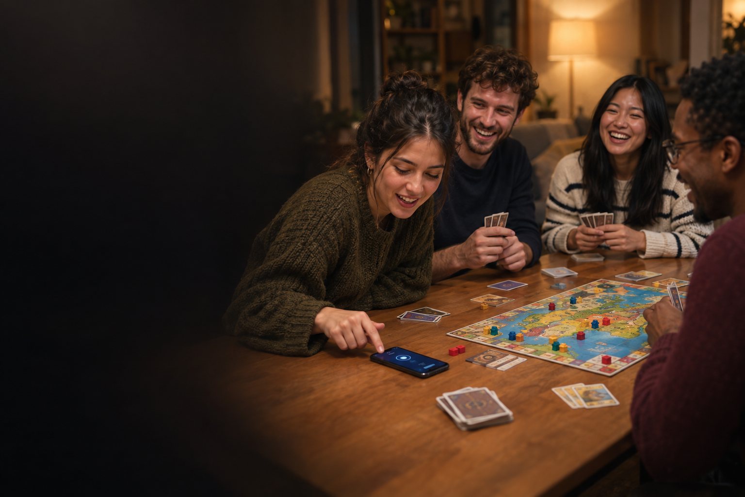 Friends around a board game asking a phone