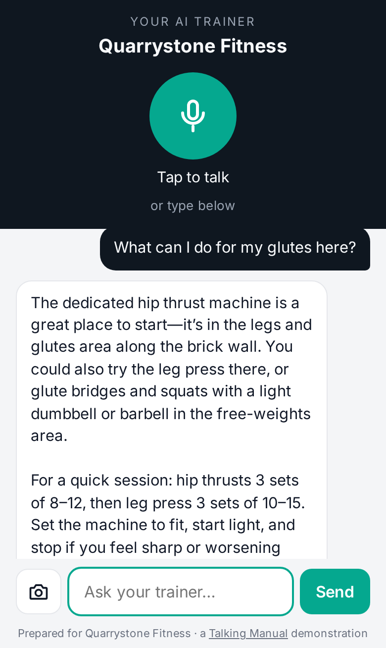 The Talking Manual AI trainer for Quarrystone Fitness on a phone, suggesting glute exercises using the gym's own machines