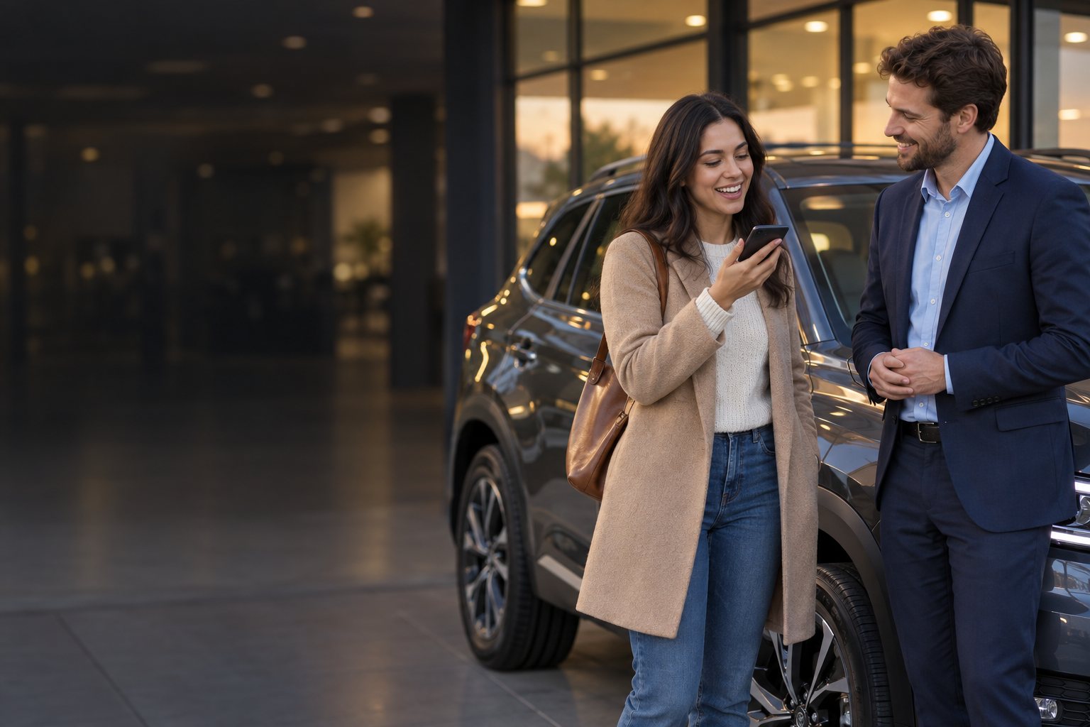 A new car owner talking to her phone at the dealership
