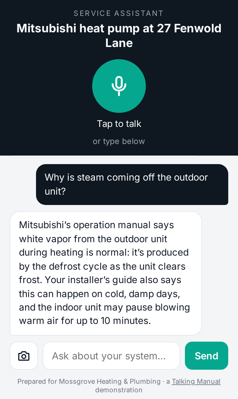 The Talking Manual assistant for a ductless heat pump on a phone, answering a homeowner's question