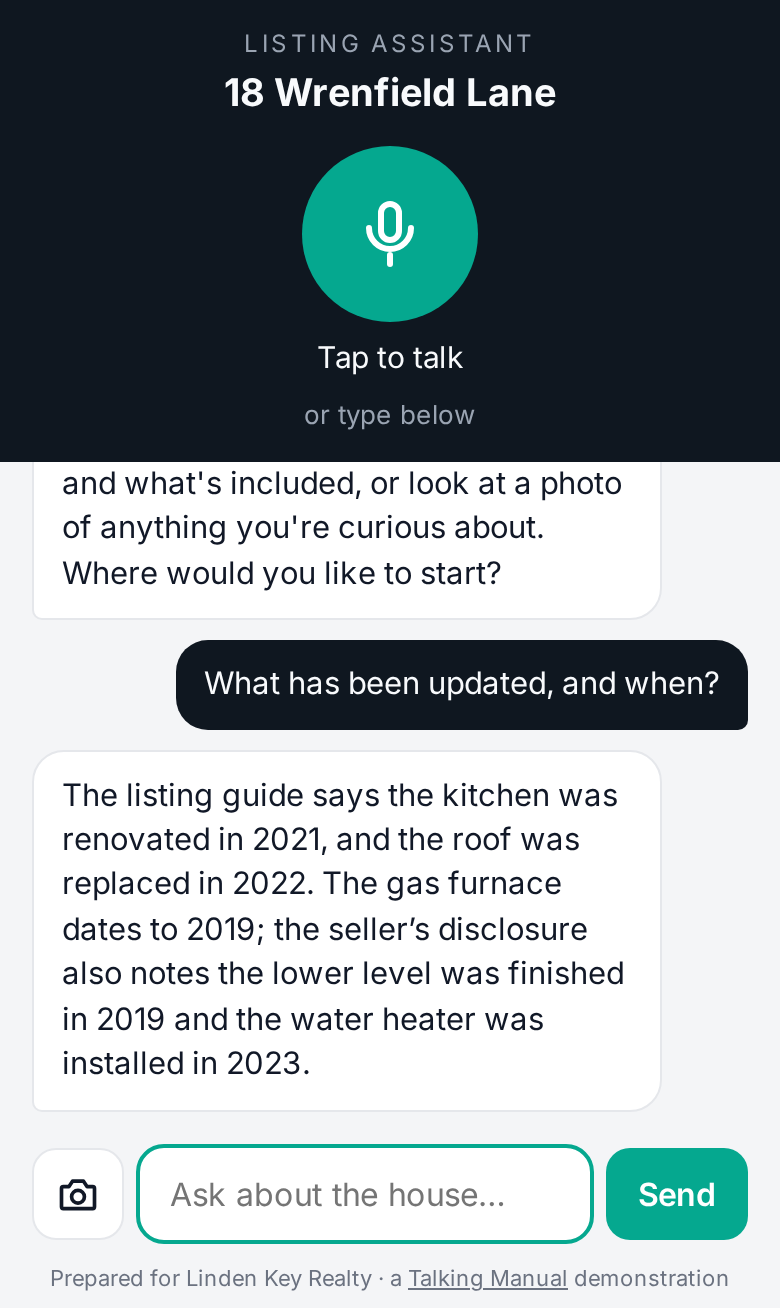 The Talking Manual listing assistant for 18 Wrenfield Lane on a phone, answering what has been updated in the house