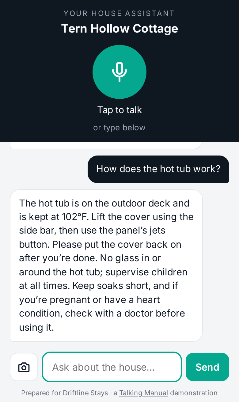 The Talking Manual house assistant for Tern Hollow Cottage on a phone, explaining how to use the hot tub