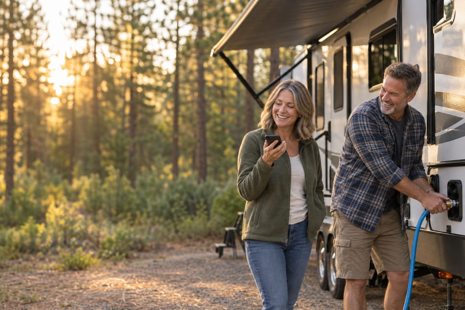 A couple at their travel trailer, one asking her phone