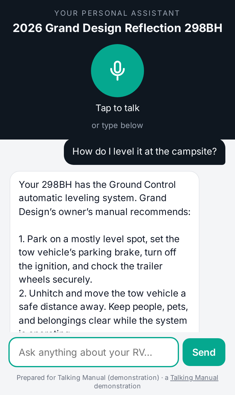 The Talking Manual assistant for a Grand Design Reflection on a phone, explaining how to level the trailer