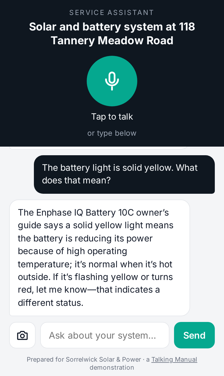 The Talking Manual assistant for a solar and battery system on a phone, answering a homeowner's question